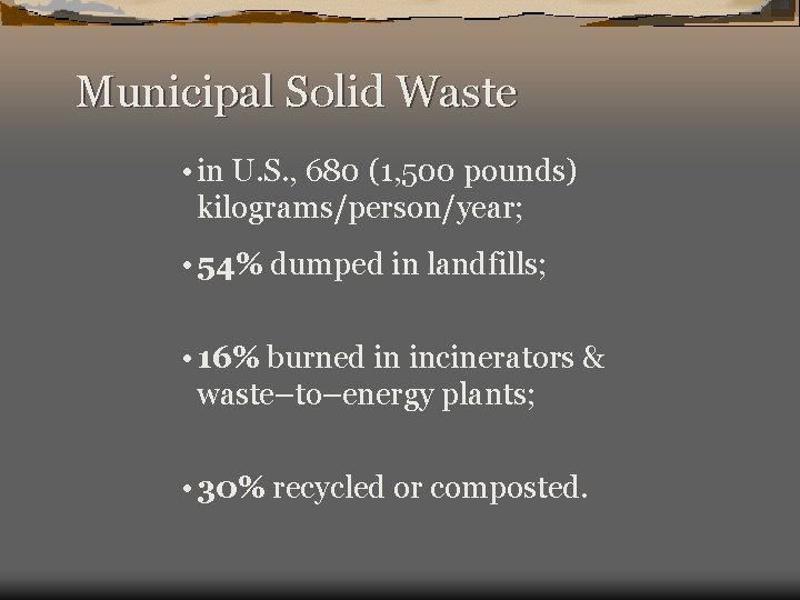 Municipal Solid Waste • in U. S. , 680 (1, 500 pounds) kilograms/person/year; •