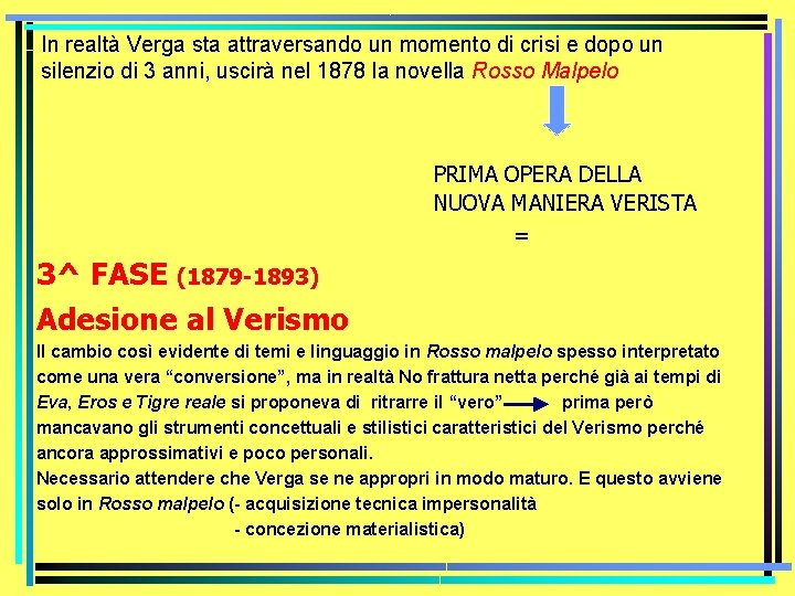 In realtà Verga sta attraversando un momento di crisi e dopo un silenzio di