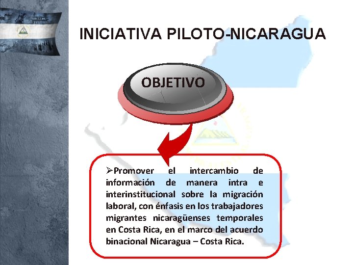 INICIATIVA PILOTO-NICARAGUA OBJETIVO ØPromover el intercambio de información de manera intra e interinstitucional sobre