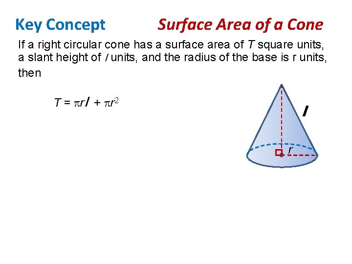 Key Concept Surface Area of a Cone If a right circular cone has a