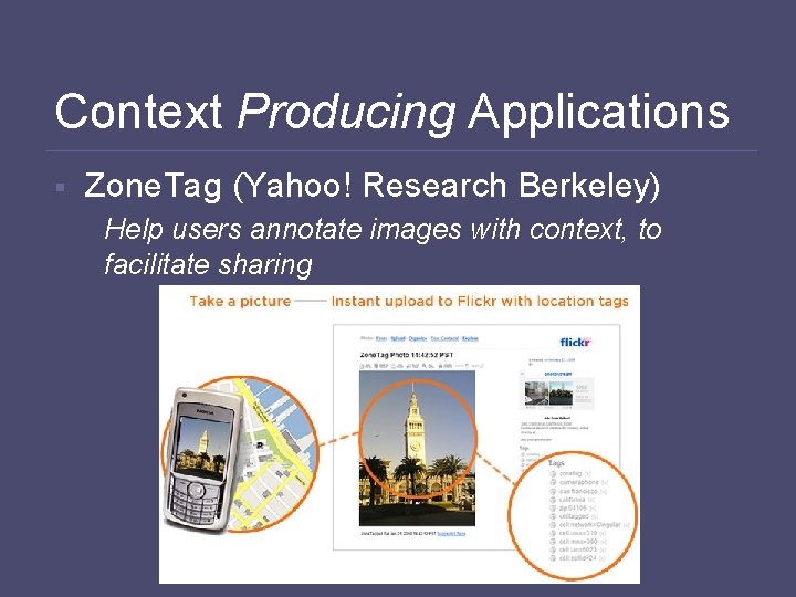 Context Producing Applications § Zone. Tag (Yahoo! Research Berkeley) Help users annotate images with