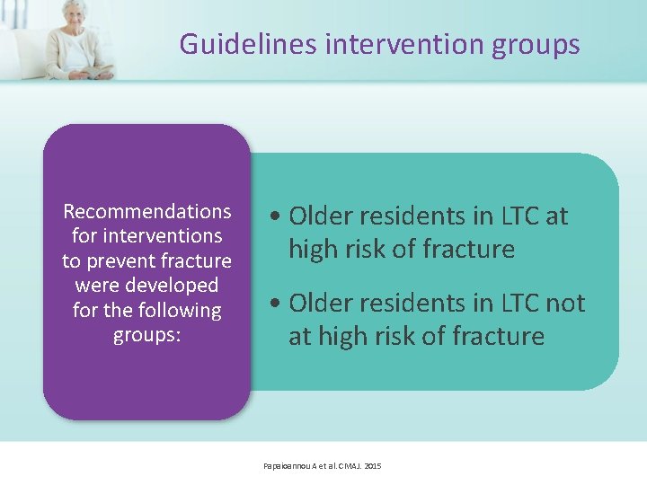 Guidelines intervention groups Recommendations for interventions to prevent fracture were developed for the following