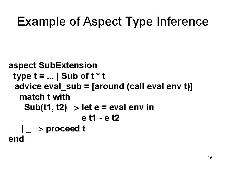 Example of Aspect Type Inference aspect Sub. Extension type t =. . . |