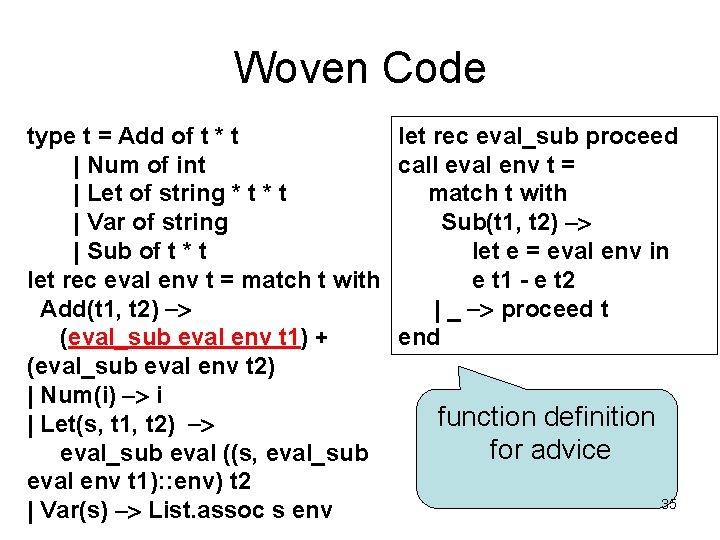 Woven Code let rec eval_sub proceed type t = Add of t * t