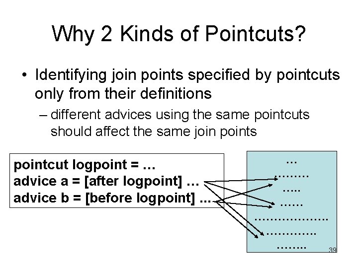 Why 2 Kinds of Pointcuts? • Identifying join points specified by pointcuts only from