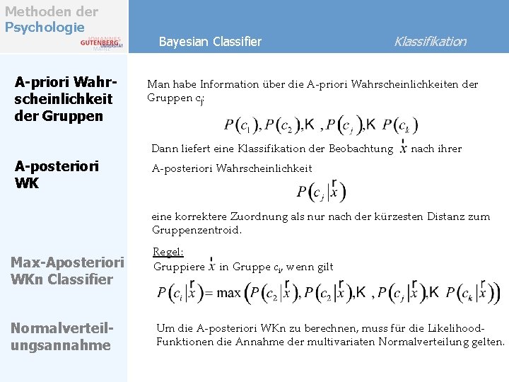 Methoden der Psychologie A-priori Wahrscheinlichkeit der Gruppen Bayesian Classifier Klassifikation Man habe Information über