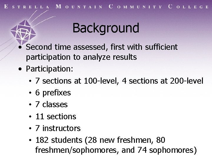 Background • Second time assessed, first with sufficient participation to analyze results • Participation: