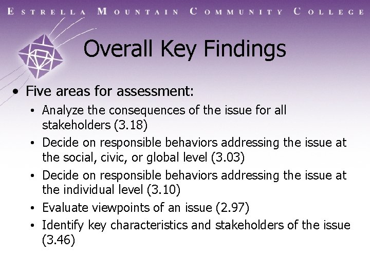 Overall Key Findings • Five areas for assessment: • Analyze the consequences of the