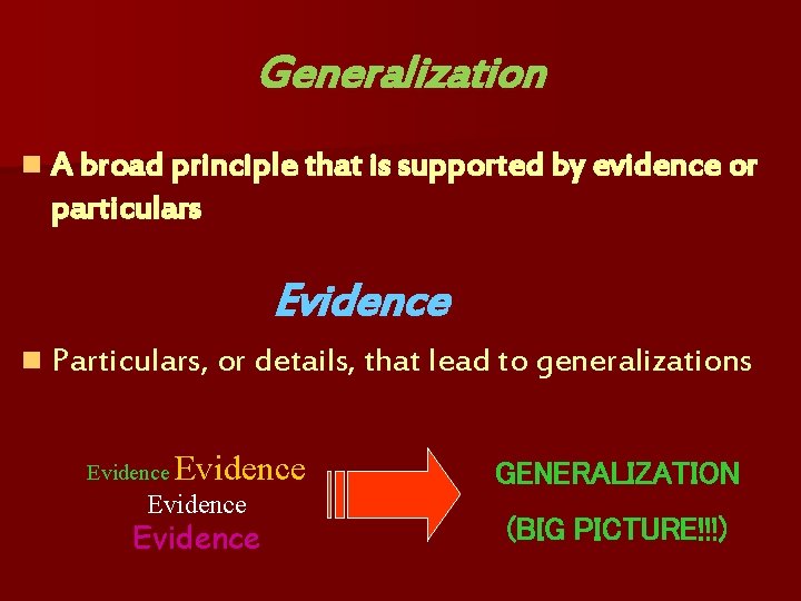 Generalization n A broad principle that is supported by evidence or particulars Evidence n