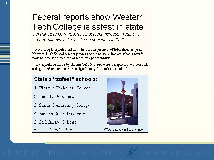 43 Federal reports show Western Tech College is safest in state Central State Univ.