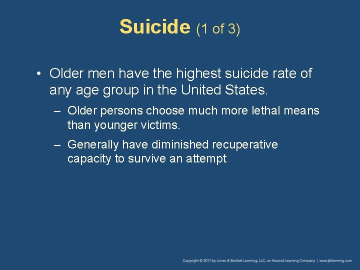 Suicide (1 of 3) • Older men have the highest suicide rate of any