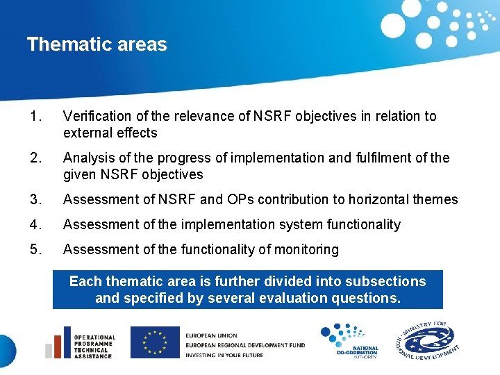Thematic areas 1. Verification of the relevance of NSRF objectives in relation to external