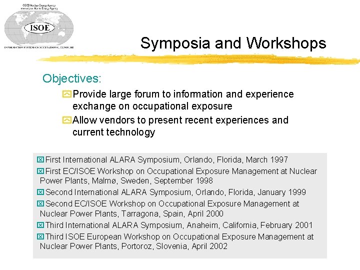 Symposia and Workshops Objectives: y Provide large forum to information and experience exchange on