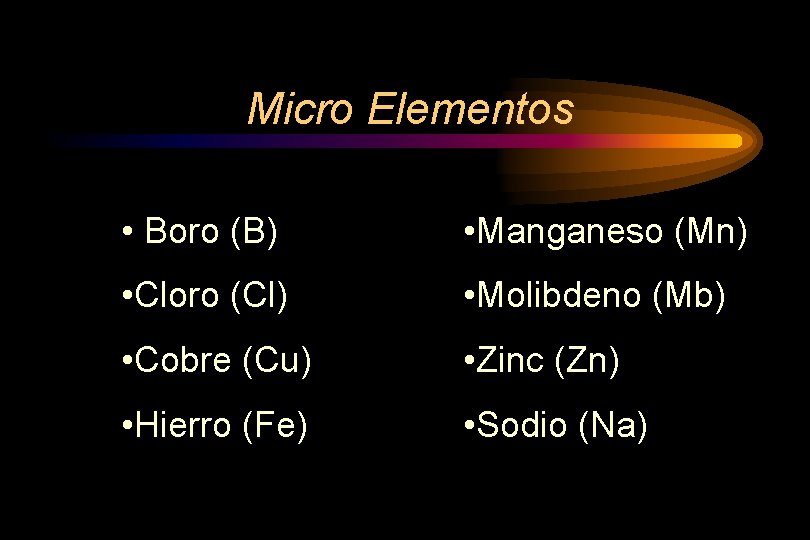 Micro Elementos • Boro (B) • Manganeso (Mn) • Cloro (Cl) • Molibdeno (Mb)