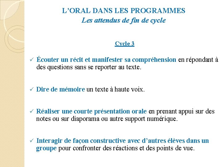 L’ORAL DANS LES PROGRAMMES Les attendus de fin de cycle Cycle 3 Écouter un