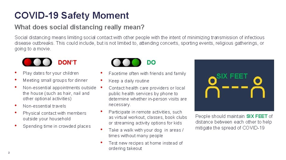 COVID-19 Safety Moment What does social distancing really mean? Social distancing means limiting social