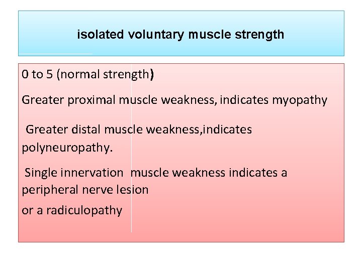 isolated voluntary muscle strength 0 to 5 (normal strength) Greater proximal muscle weakness, indicates