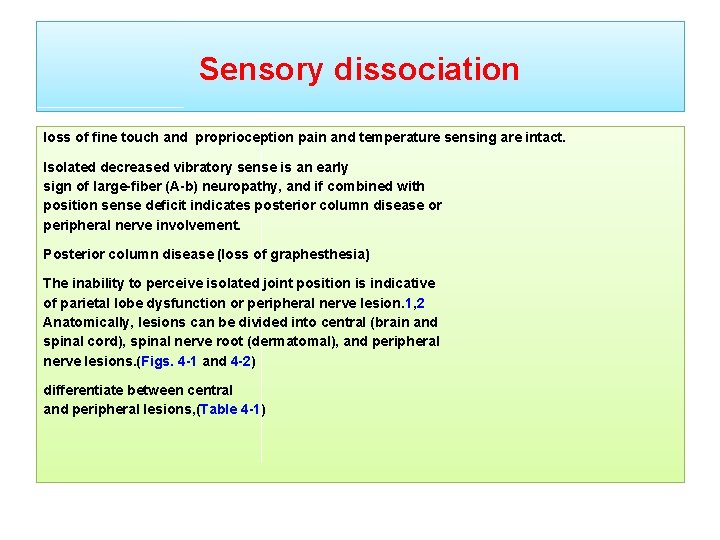 Sensory dissociation loss of fine touch and proprioception pain and temperature sensing are intact.