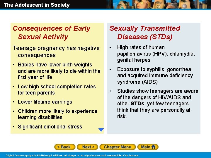 The Adolescent in Society Consequences of Early Sexual Activity Sexually Transmitted Diseases (STDs) Teenage