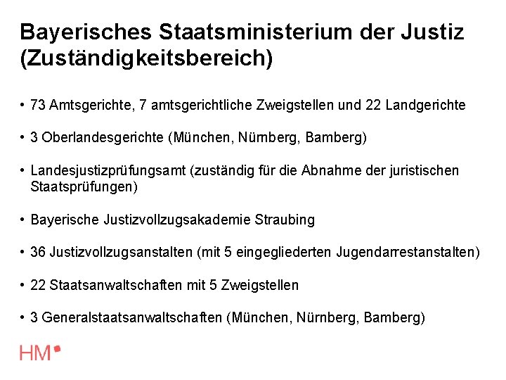Bayerisches Staatsministerium der Justiz (Zuständigkeitsbereich) • 73 Amtsgerichte, 7 amtsgerichtliche Zweigstellen und 22 Landgerichte