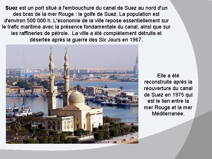 Suez est un port situé à l'embouchure du canal de Suez au nord d'un