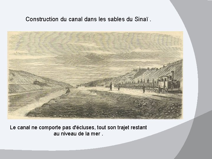 Construction du canal dans les sables du Sinaï. Le canal ne comporte pas d'écluses,