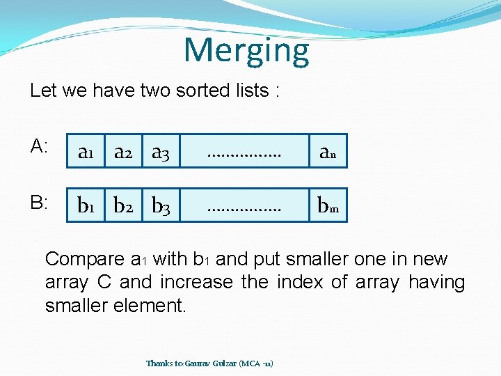 Merging Let we have two sorted lists : A: a 1 a 2 a