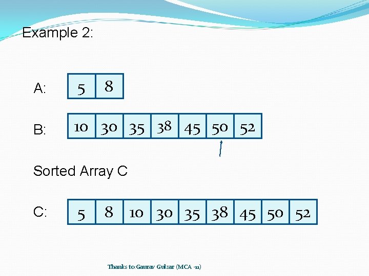 Example 2: A: 5 8 B: 10 30 35 38 45 50 52 Sorted