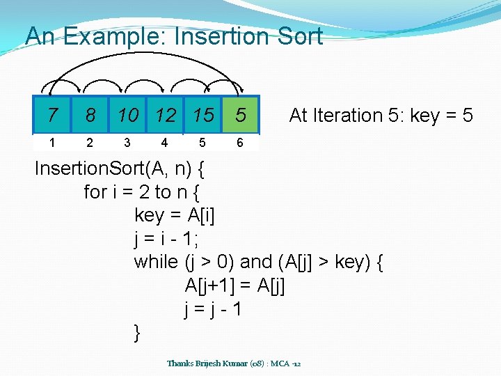 An Example: Insertion Sort 7 8 1 2 10 12 15 3 4 5