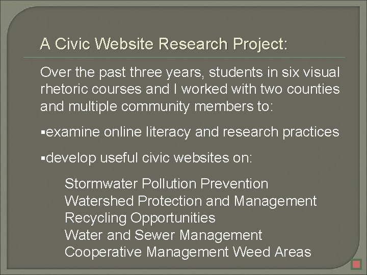 A Civic Website Research Project: Over the past three years, students in six visual