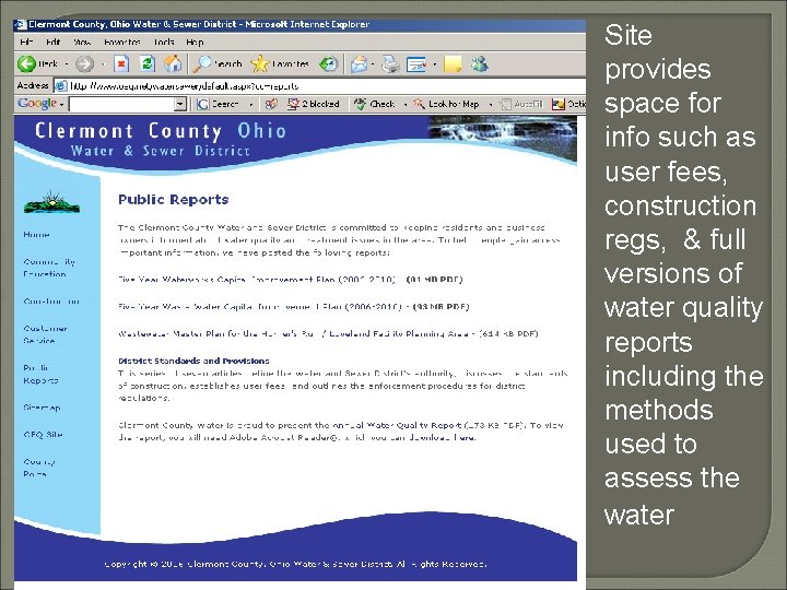 Site provides space for info such as user fees, construction regs, & full versions