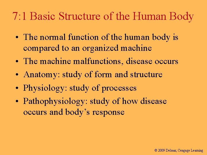 7: 1 Basic Structure of the Human Body • The normal function of the