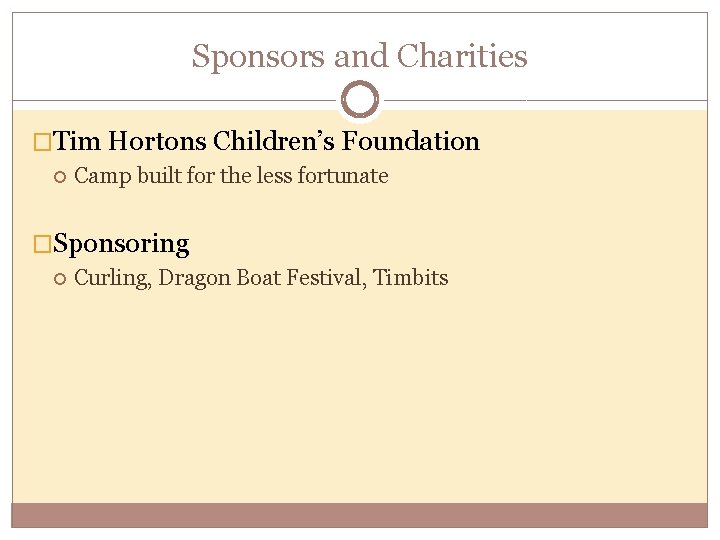 Sponsors and Charities �Tim Hortons Children’s Foundation Camp built for the less fortunate �Sponsoring