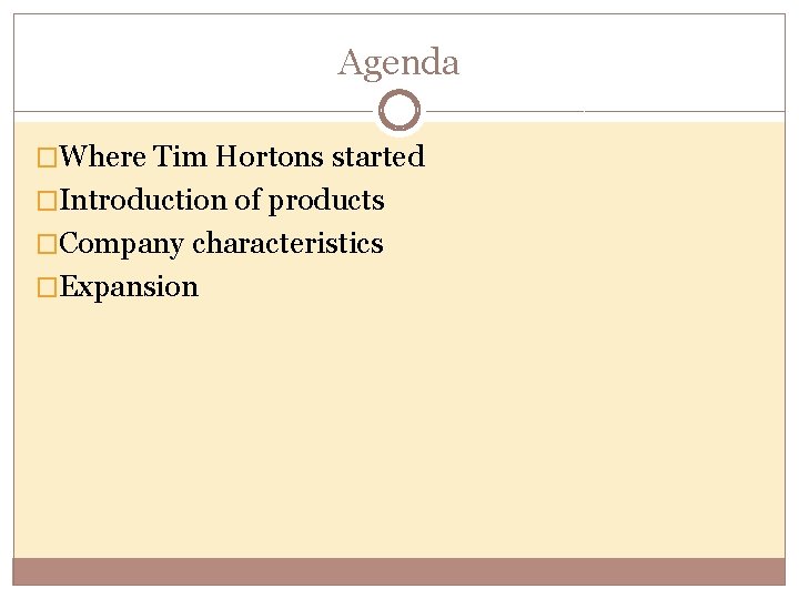 Agenda �Where Tim Hortons started �Introduction of products �Company characteristics �Expansion 