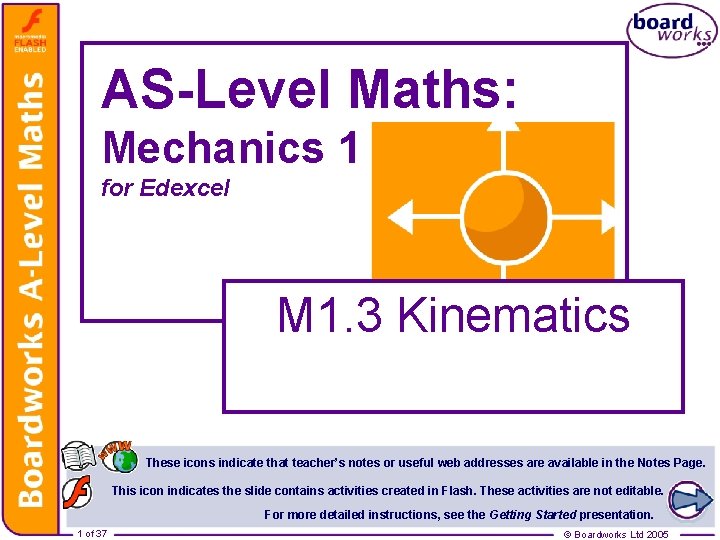 AS-Level Maths: Mechanics 1 for Edexcel M 1. 3 Kinematics These icons indicate that