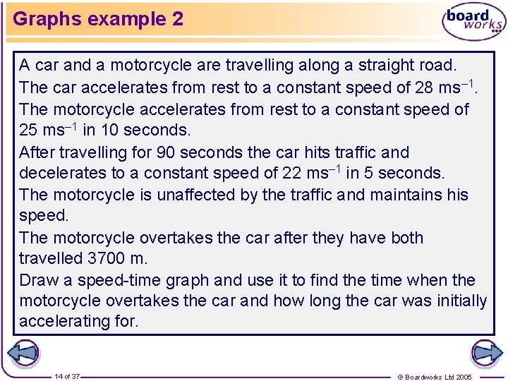 Graphs example 2 A car and a motorcycle are travelling along a straight road.