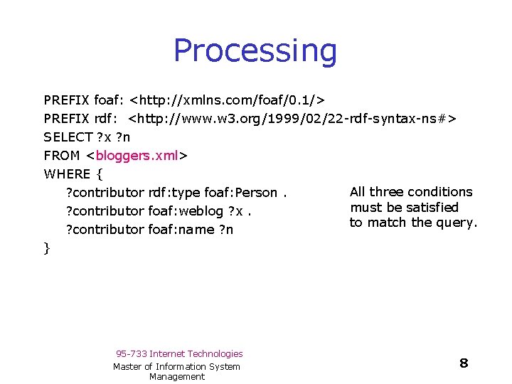 Processing PREFIX foaf: <http: //xmlns. com/foaf/0. 1/> PREFIX rdf: <http: //www. w 3. org/1999/02/22