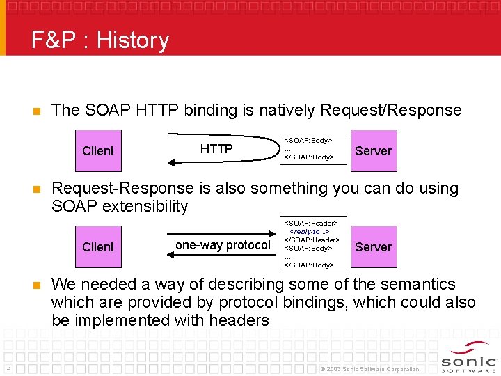 F&P : History n The SOAP HTTP binding is natively Request/Response Client n 4