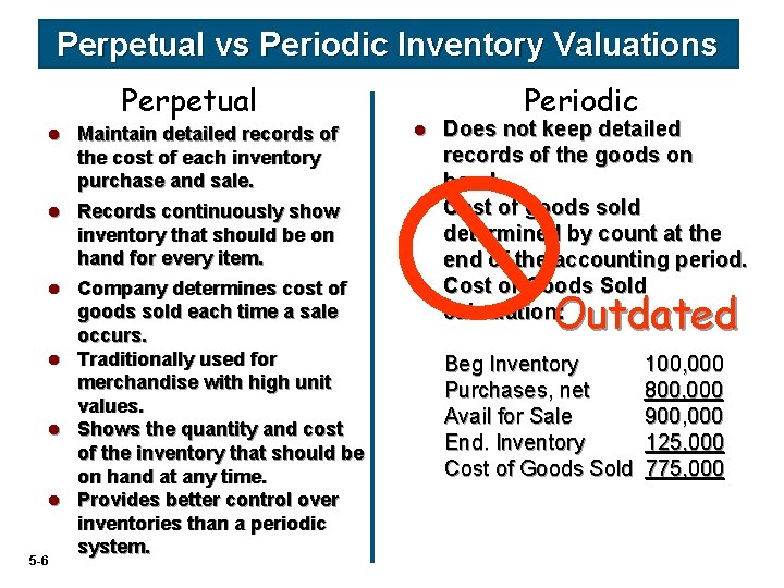 Perpetual vs Periodic Inventory Valuations Perpetual l l l 5 -6 Maintain detailed records