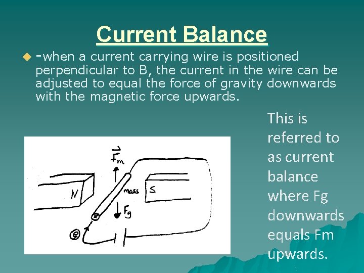 Current Balance u -when a current carrying wire is positioned perpendicular to B, the