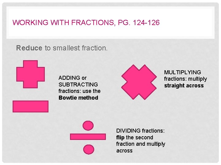 WORKING WITH FRACTIONS, PG. 124 -126 Reduce to smallest fraction. ADDING or SUBTRACTING fractions: