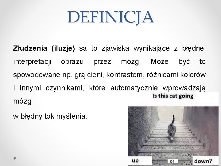 DEFINICJA Złudzenia (iluzje) są to zjawiska wynikające z błędnej interpretacji obrazu przez mózg. Może