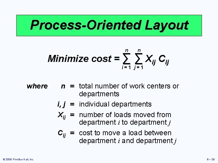 Process-Oriented Layout n n Minimize cost = ∑ ∑ Xij Cij i=1 j=1 where