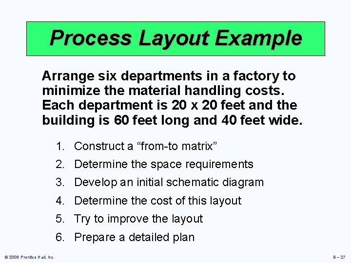 Process Layout Example Arrange six departments in a factory to minimize the material handling