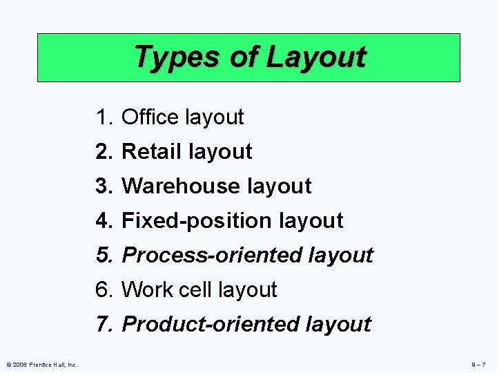 Types of Layout 1. Office layout 2. Retail layout 3. Warehouse layout 4. Fixed-position
