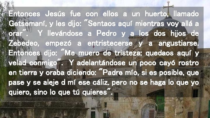Entonces Jesús fue con ellos a un huerto, llamado Getsemaní, y les dijo: "Sentaos
