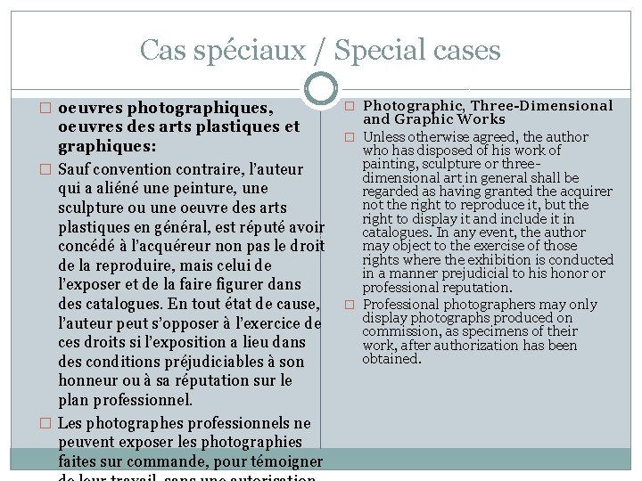 Cas spéciaux / Special cases � oeuvres photographiques, oeuvres des arts plastiques et graphiques: