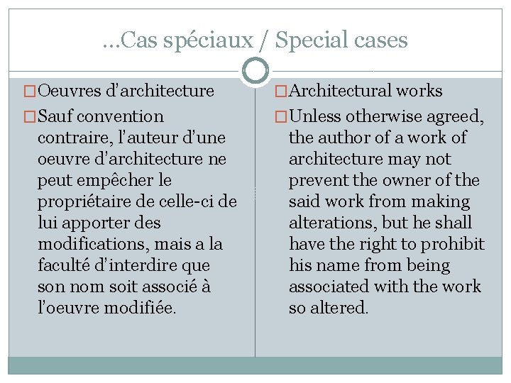 …Cas spéciaux / Special cases �Oeuvres d’architecture �Architectural works �Sauf convention �Unless otherwise agreed,