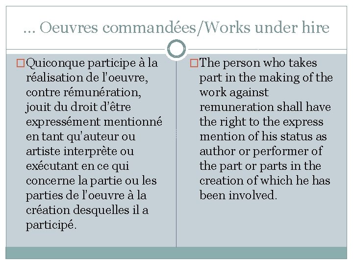 … Oeuvres commandées/Works under hire �Quiconque participe à la réalisation de l’oeuvre, contre rémunération, … Oeuvres commandées/Works under hire �Quiconque participe à la réalisation de l’oeuvre, contre rémunération,