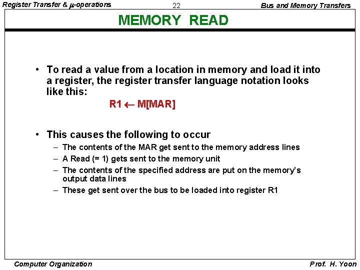Register Transfer & -operations 22 Bus and Memory Transfers MEMORY READ • To read